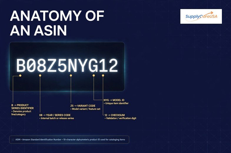 Anatomy of an Amazon ASIN code showing the 10-character format