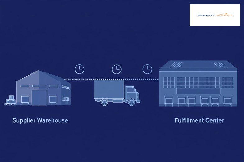 Timeline from supplier warehouse to Amazon fulfillment center showing shipping lead times