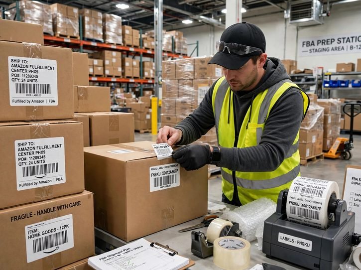 Wholesale cartons being prepped with FNSKU labels for Amazon FBA in 2026
