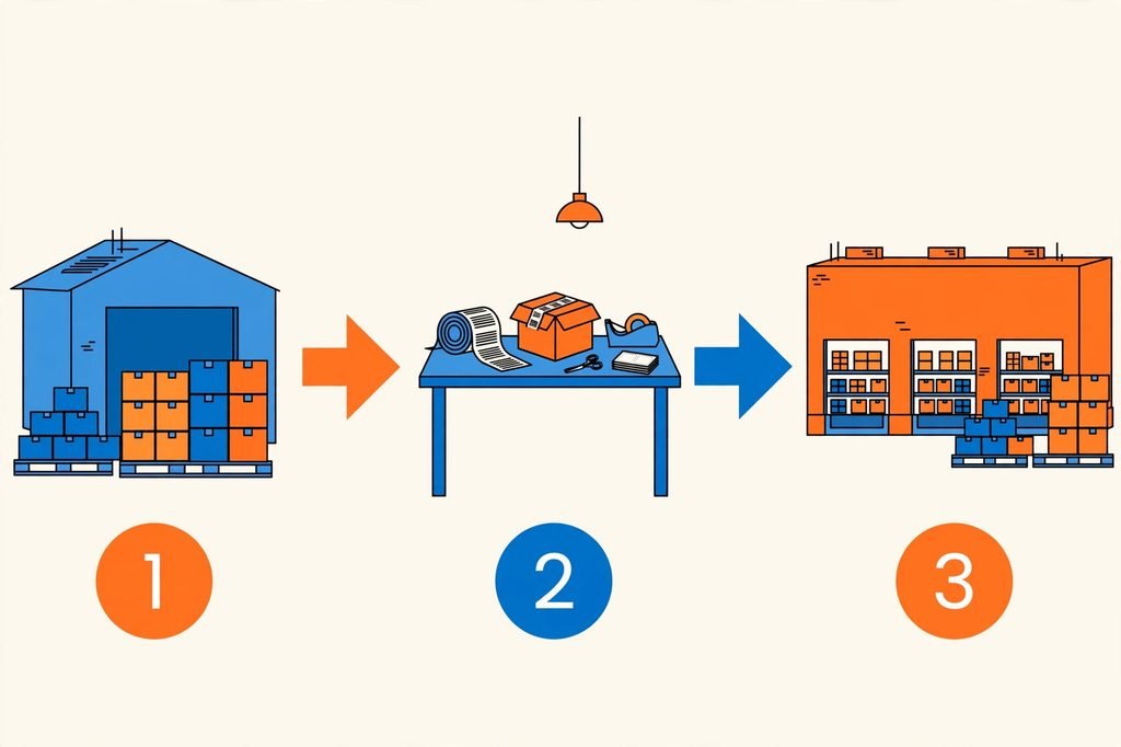 Three-step wholesale flow: distributor to prep station to Amazon FBA fulfillment center