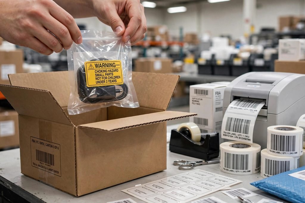 Poly-bagged product with warning label being packed into a carton at an FBA prep station