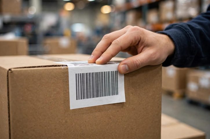 WFS receiving label with barcode applied to a master carton